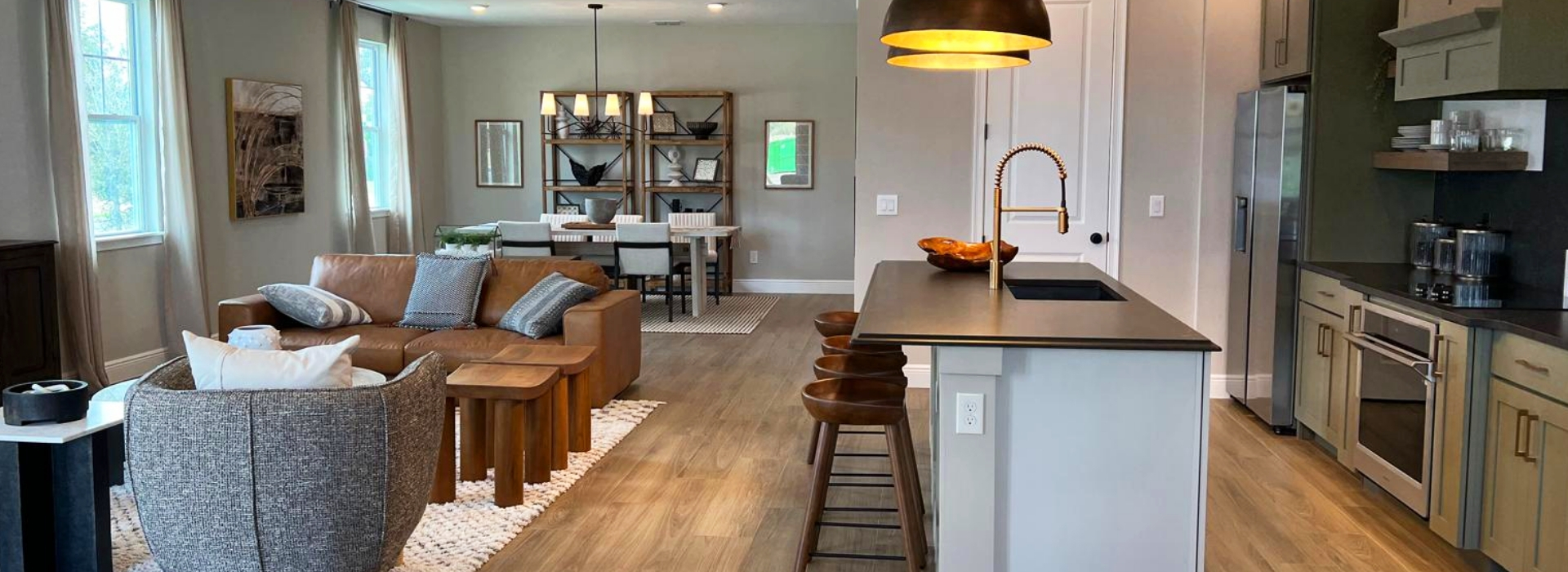 Contemporary Living Room and Kitchen with Hardwood Floors