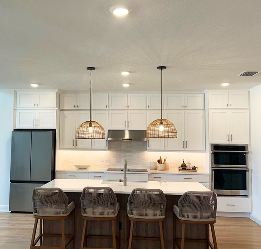 Contemporary Kitchen with Wicker Pendants