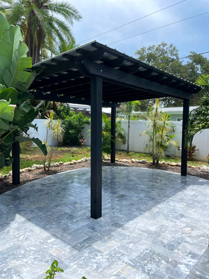 Modern Black Metal Pergola with Geometric Design